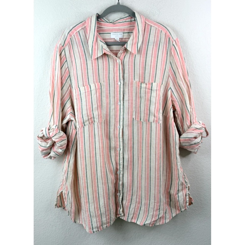 Charter Club 100% Linen Shirt Women 3X Pink Green Stripe Button Front Coastal